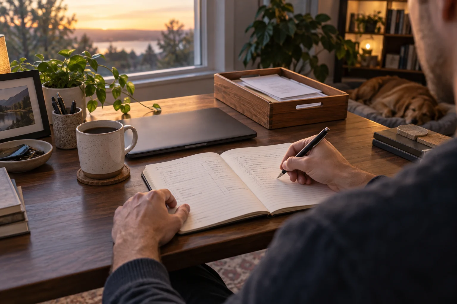 A man planning his week in a notebook at a home desk beside a closed laptop and paper inbox in warm evening light.