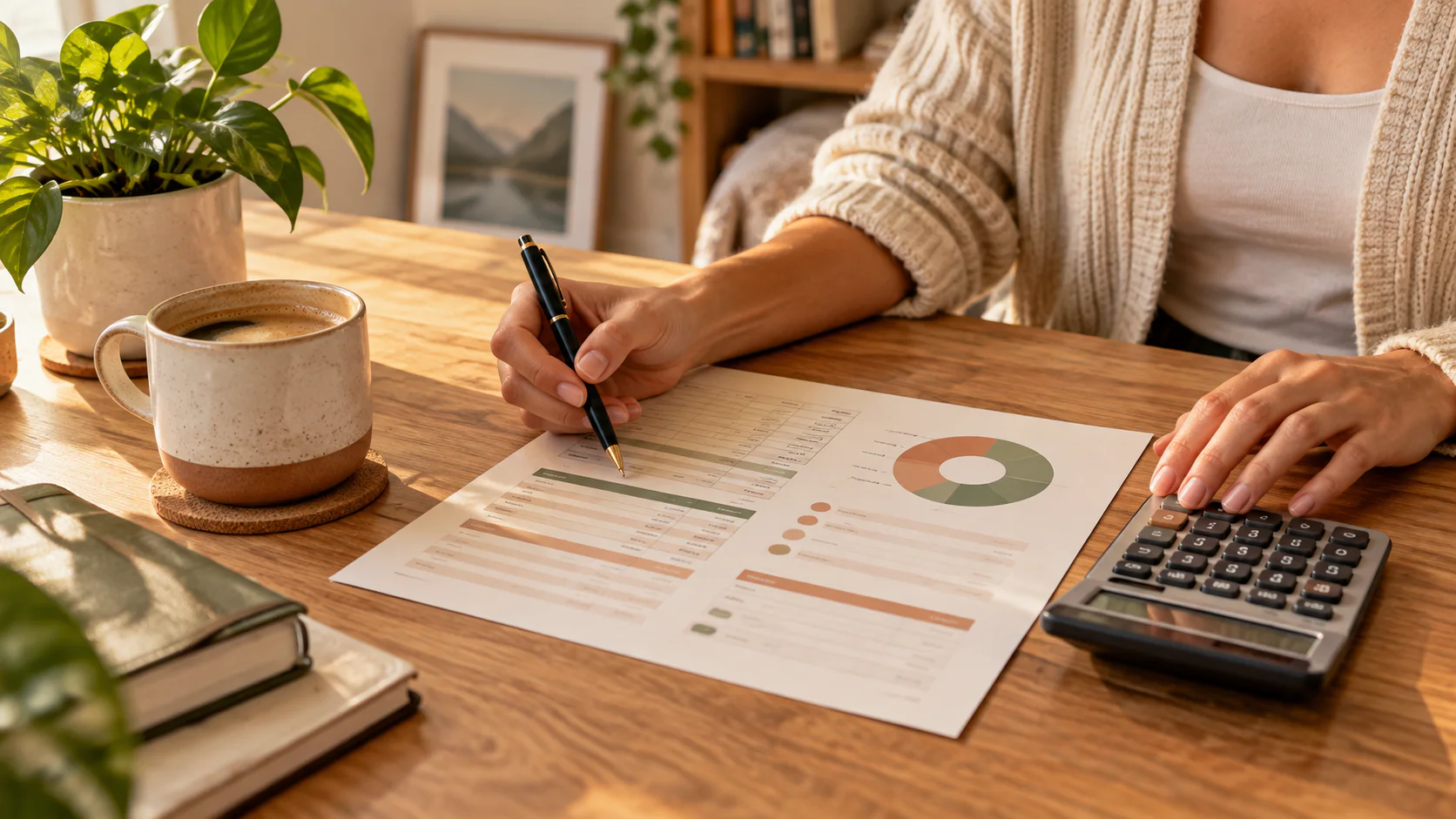 Person creating an intentional monthly budget with a calculator and planned spending chart