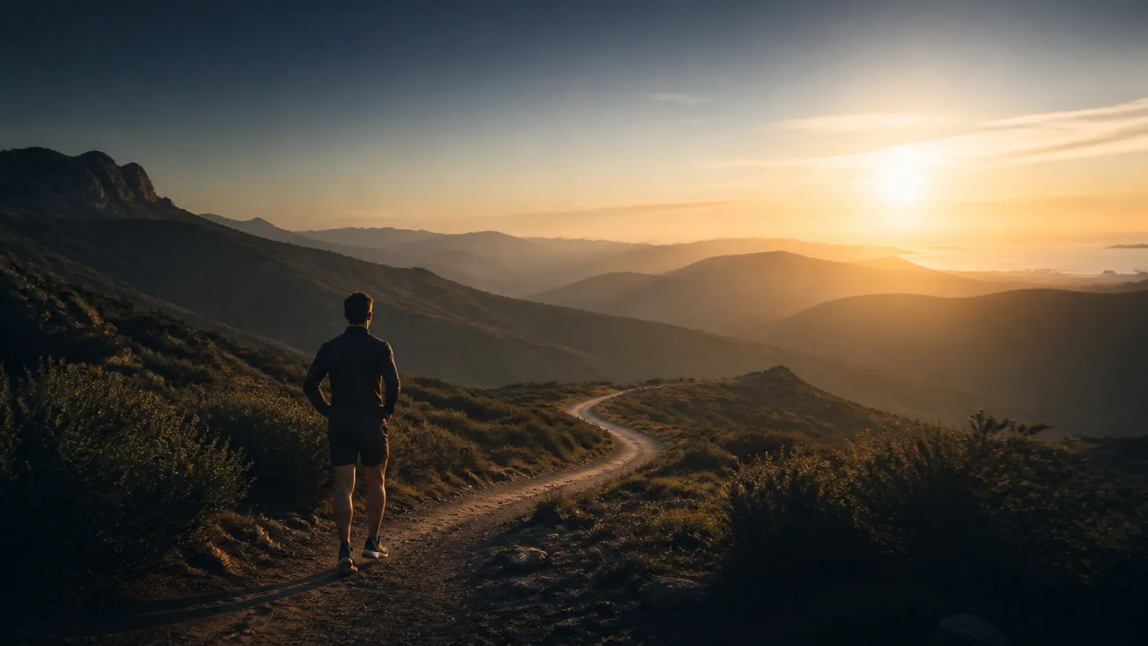 Runner getting back on track along a mountain trail at sunrise